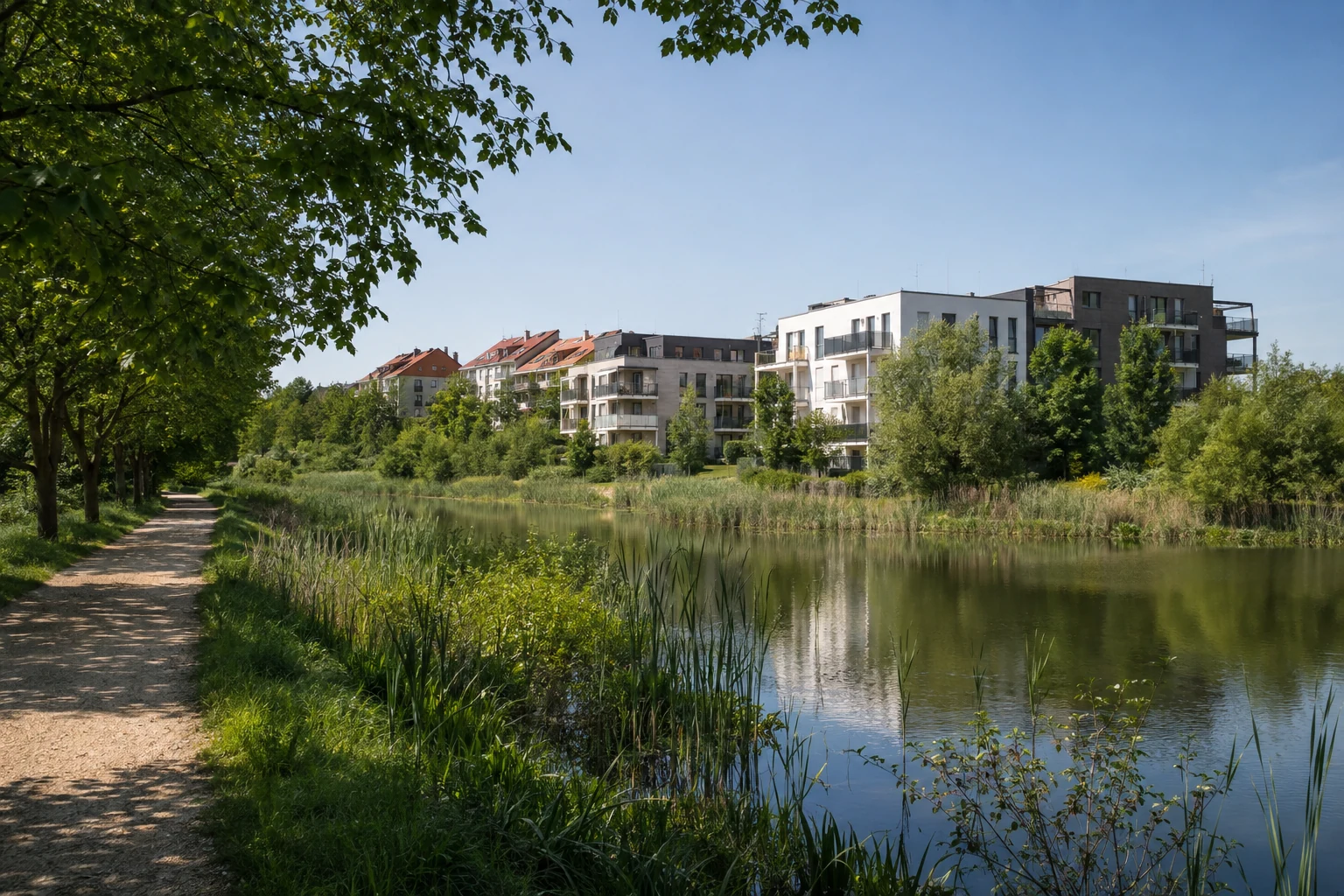 Kleinere Apartmenthäuser am begrünten Ufer eines Teichs in Hostivice